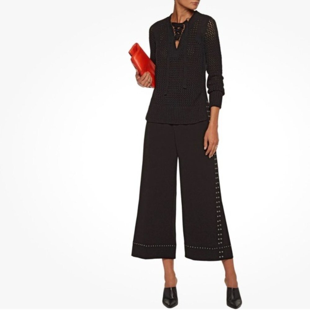 DEREK LAM 10 CROSBY Open-Knit Cotton‎ Lace-Up Top Sweater V Neck Black Size S/P